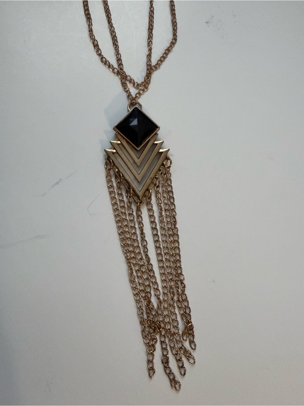 Art Deco-style Gold-Tone Chevron Tassel Necklace Black Stone statement necklace
